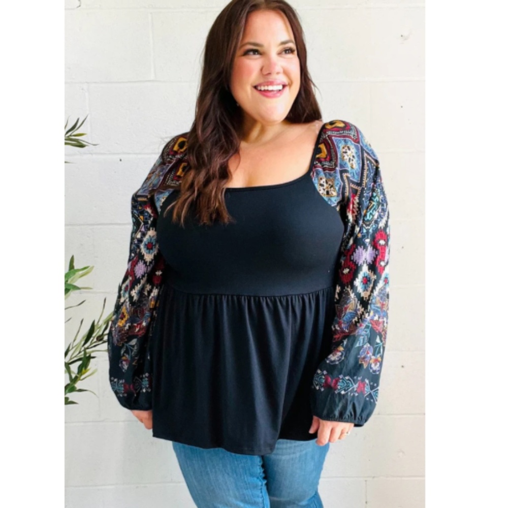 "The Stella" Black Square Neck Border Print Bubble Sleeve Top